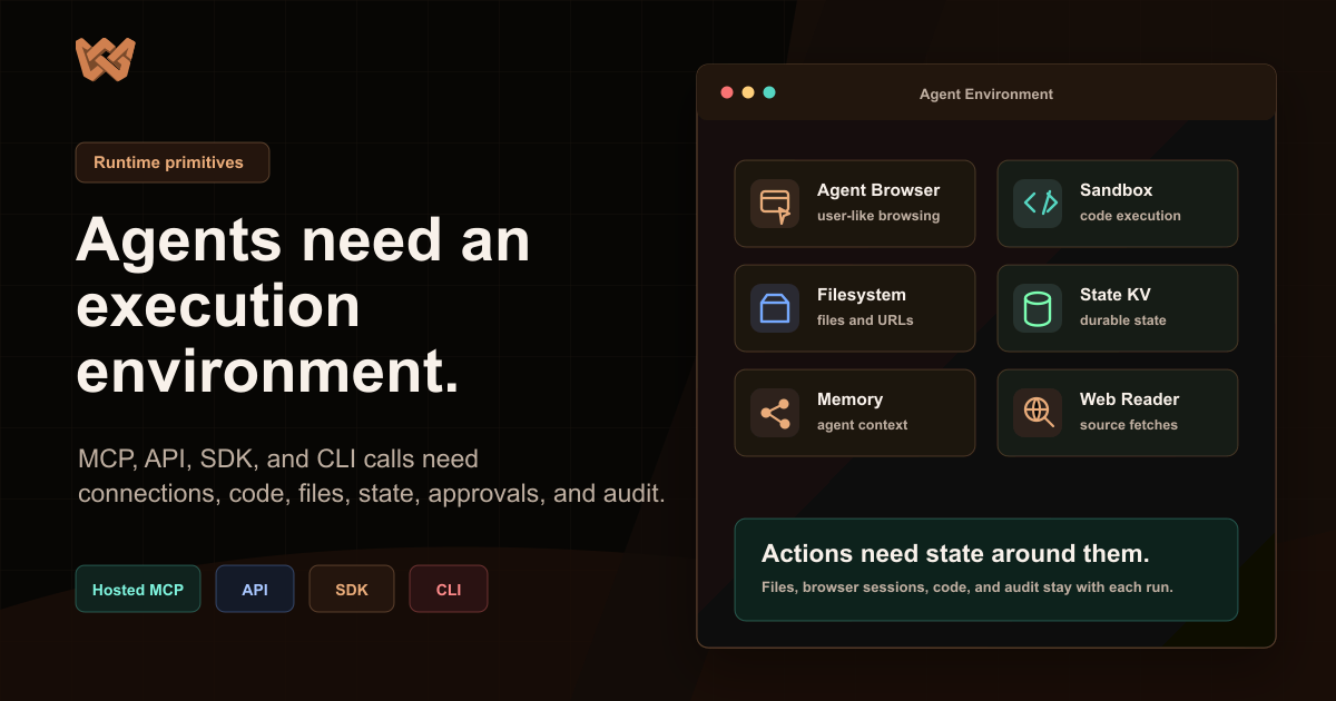 Weavz launch-style runtime primitives cover showing agent browser, sandbox, files, state, memory, and web reader